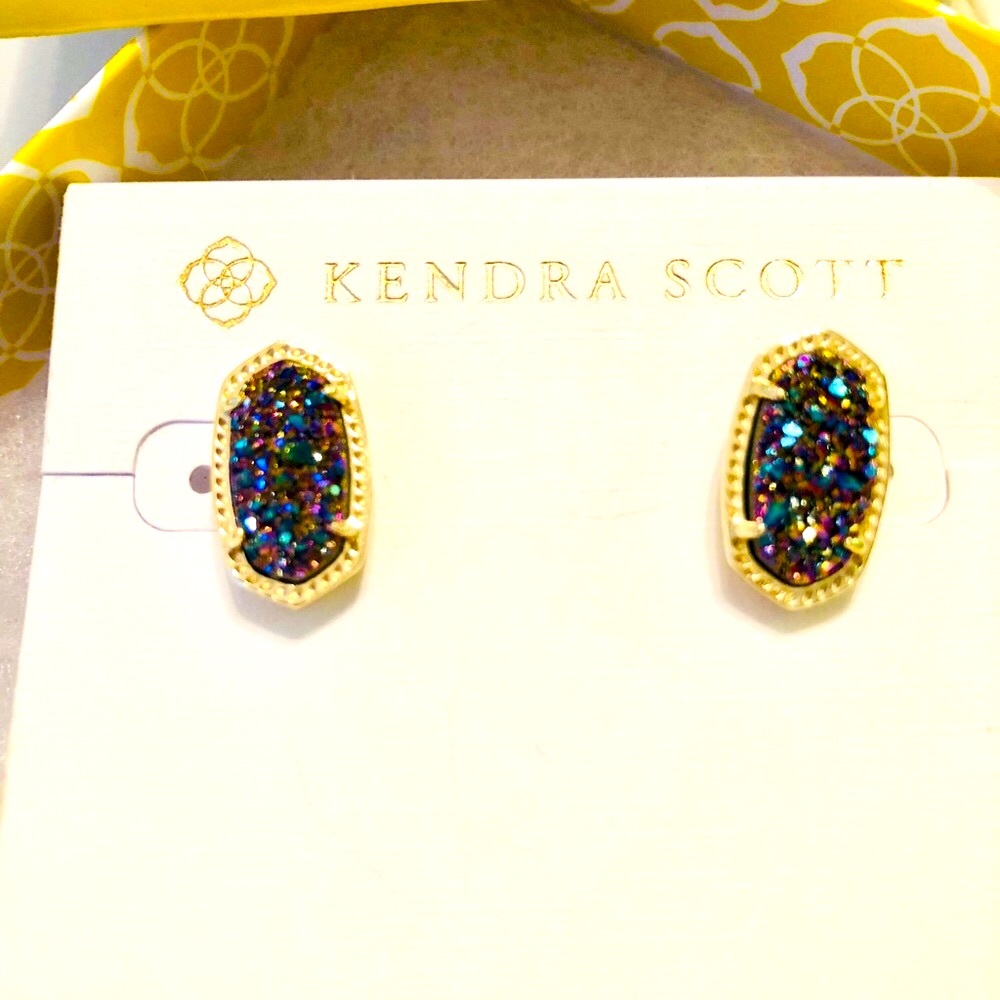 NWT Kendra Scott RARE & Retired Ellie Earrings Multi Colored Drusy Yellow Gold! - Picture 7 of 17